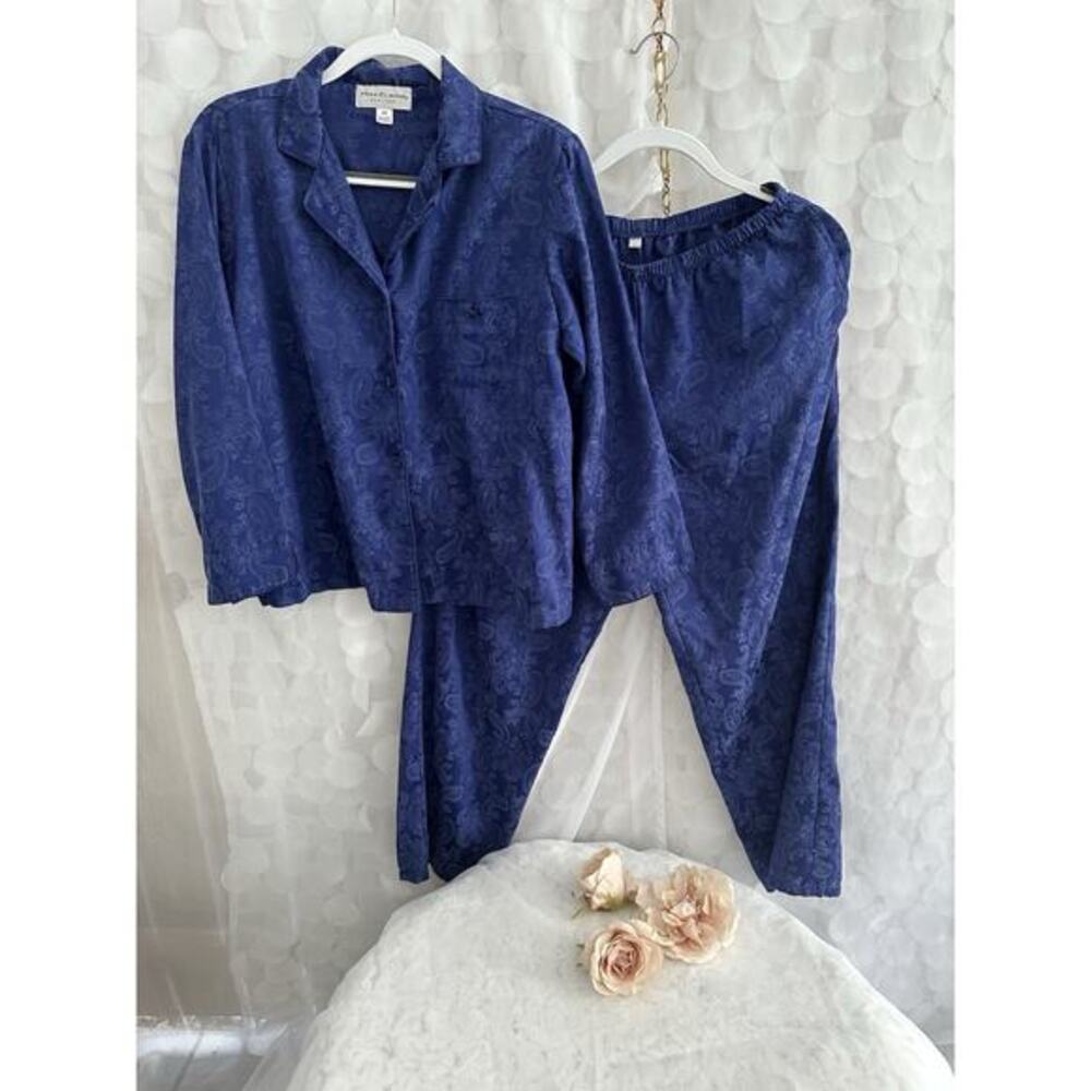 Miss Elaine Petite Small Pajamas 2 Piece Blue Satin Damask Pants Long Sleeve